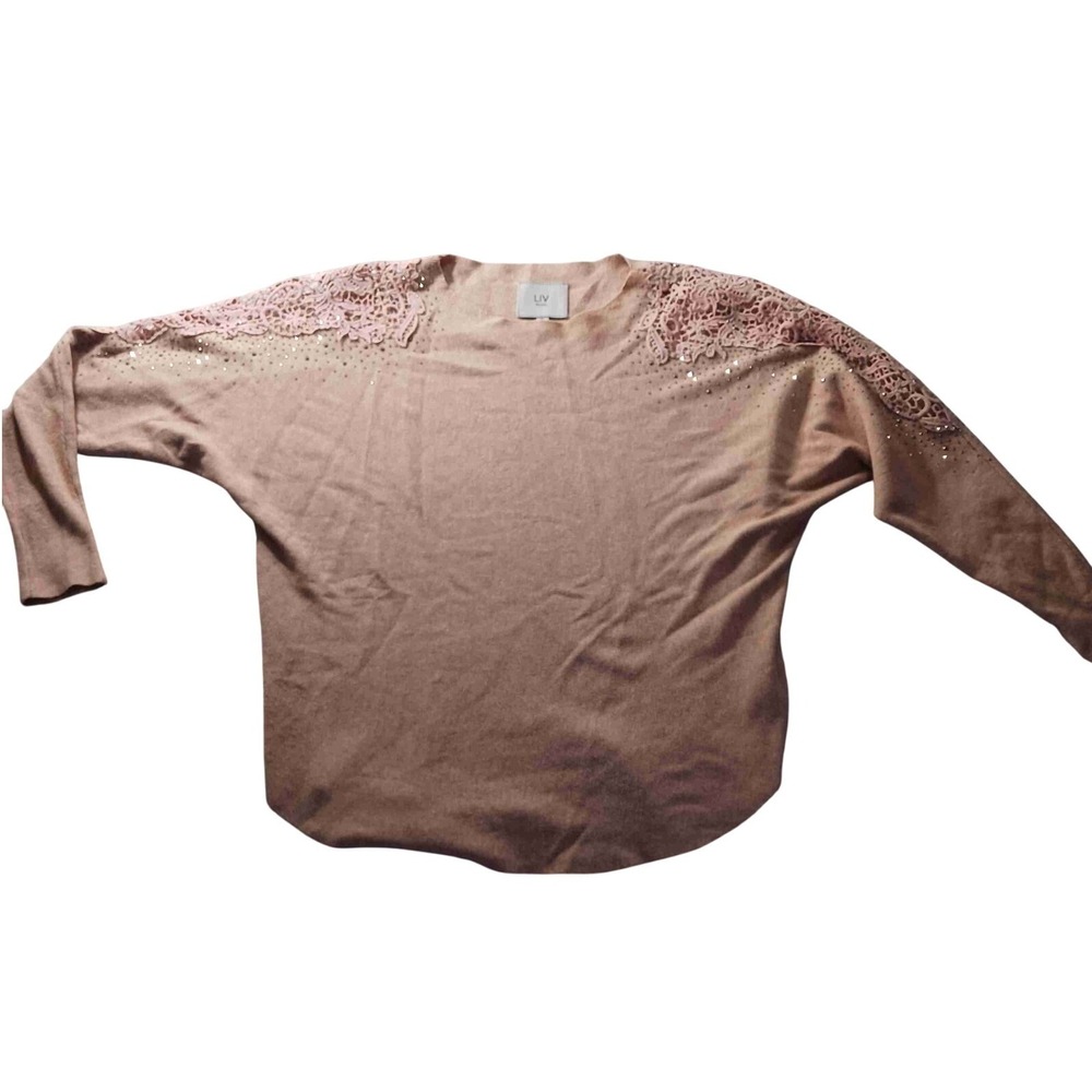 LIV Milano Batwing Sweater Womens Small Pink Lace Rhinestone‎ Coquette Luxe Soft